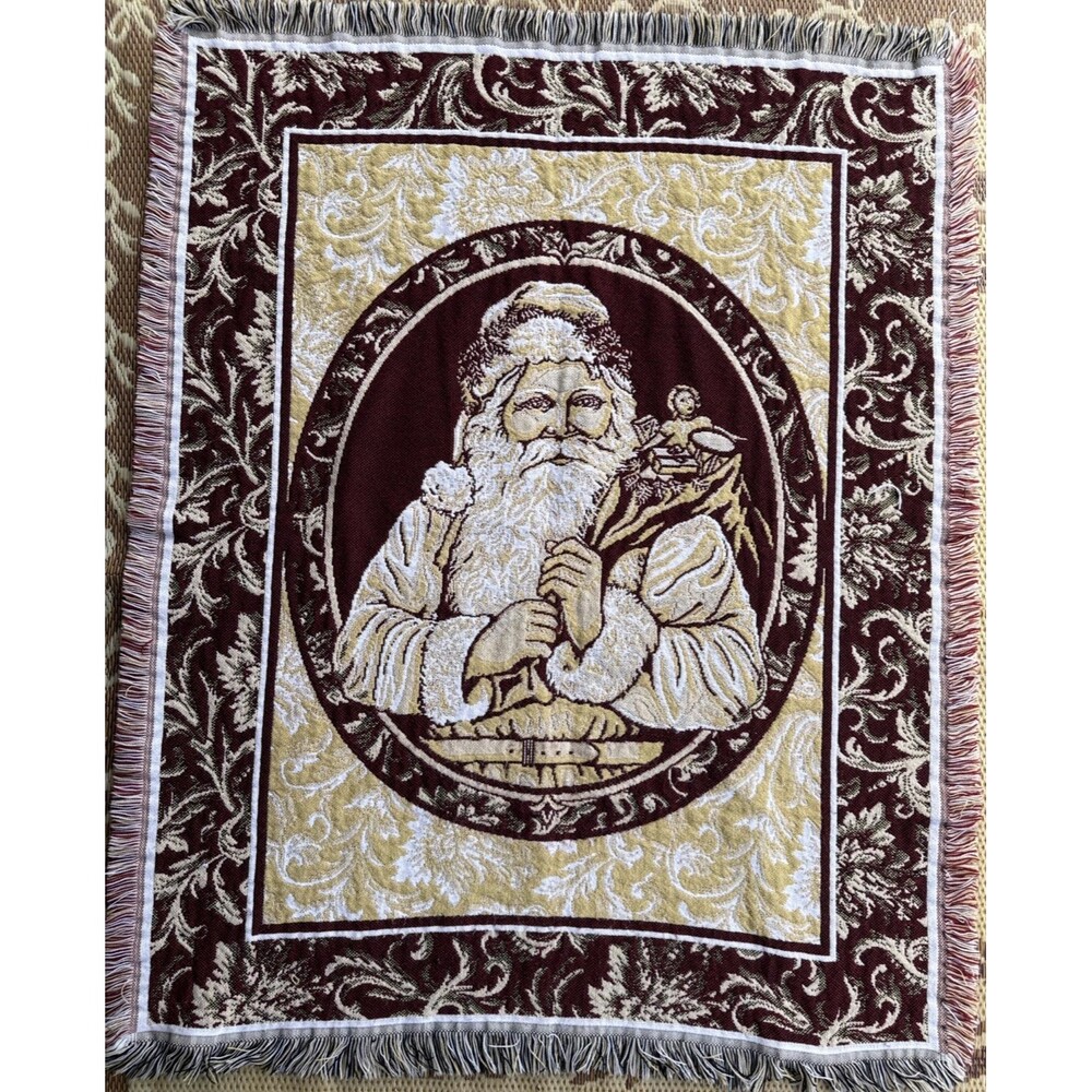 Crown Crafts Inc Old World Santa Clause Christmas Blanket Throw Tapestry 45x58